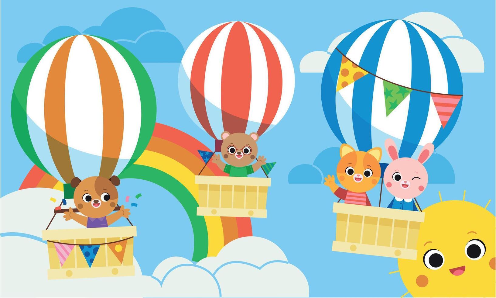 Cute animals riding on hot air balloons on sky landscape with cloud and rainbow above pond, green field. Animal character cat, bunny, bear, dog on aerostat with baskets. Journey, back to school. vector