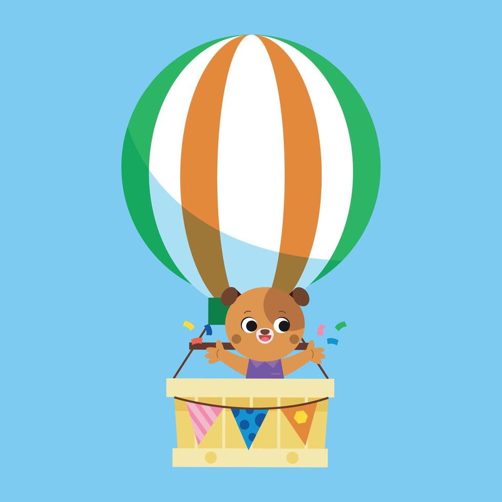 Cute animal riding on hot air balloons on sky landscape. Animal character dog on aerostat with baskets. Hiking kids travel adventures. Summer journey, back to school. vector
