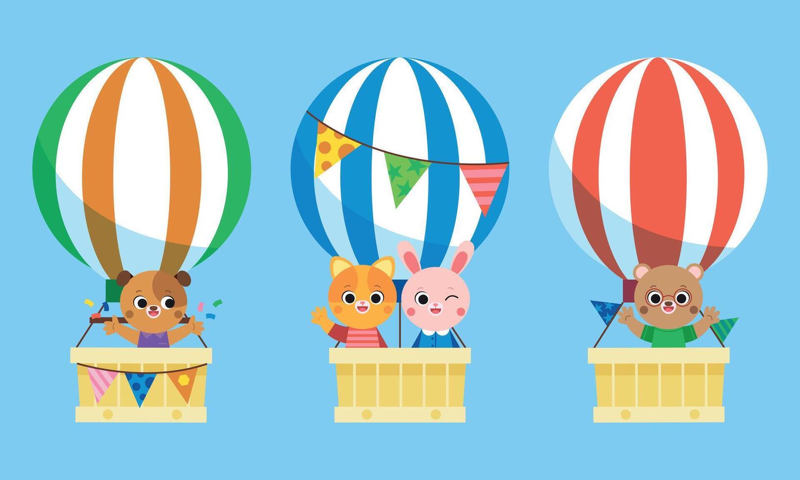 Cute animals riding on hot air balloons on sky landscape. Animal character cat, bunny, bear, dog on aerostat with baskets. Hiking kids travel adventures. Summer journey, back to school. vector
