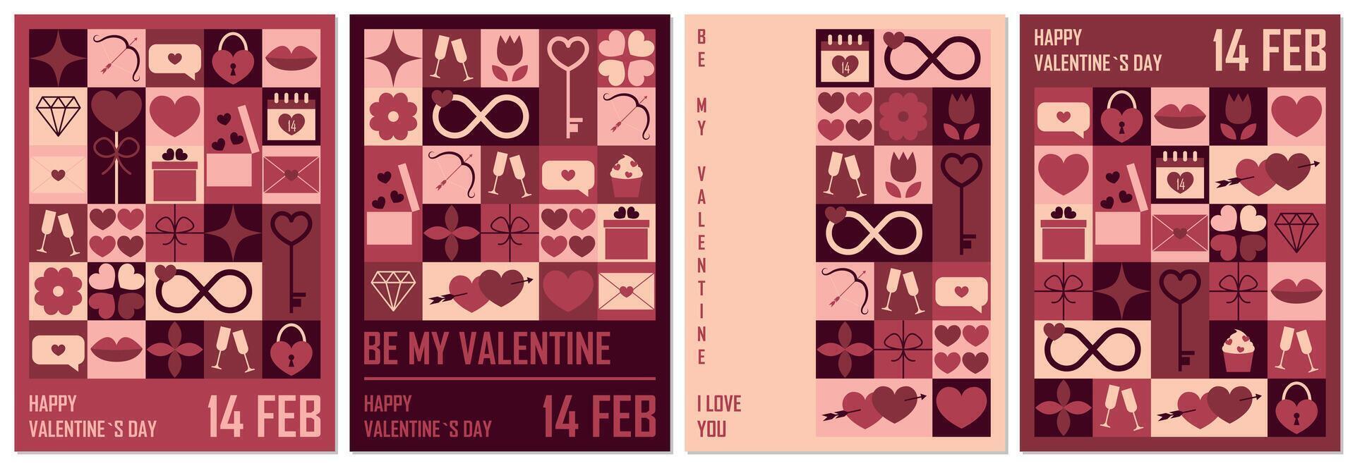 Set of Valentines Day posters templates. Trendy minimalist aesthetic with geometric elements. Modern design for banner, invitation, card, cover. illustration vector