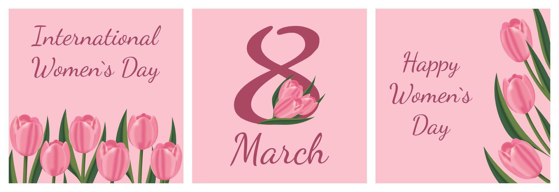 Set of Women's day banner. 8 march holiday background with realistic pink tulips. Design for poster, banners, greeting cards, booklets, promotional materials, website. illustration vector