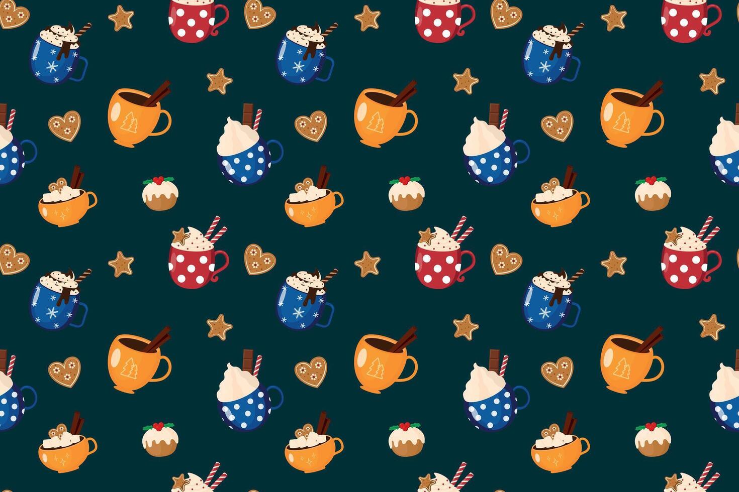 Festive seamless pattern for Christmas and New Year with colorful cups, gingerbread cookies and cupcakes. Winter hot drinks. Ideal for packaging, cards, fabric. illustration vector