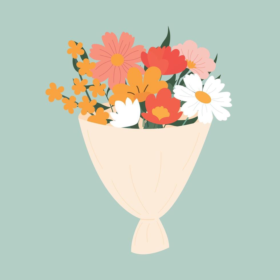 Bouquet with blooming wildflowers, wrapped in craft paper. Floral composition for festive celebration. Design element for greeting card, invitation, sticker, postcard, poster, print. illustration vector