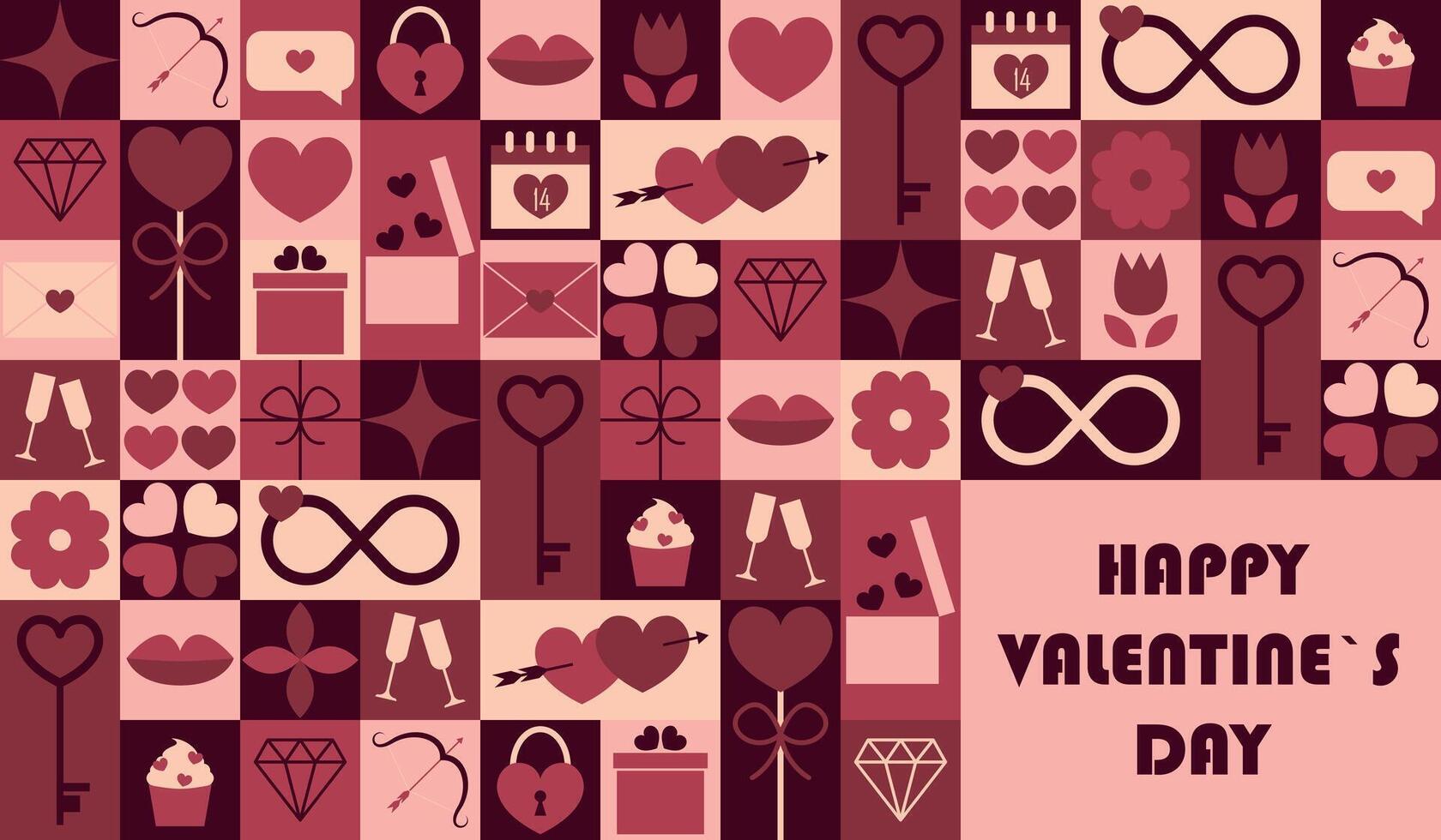 horizontal banner for Valentine's Day with Bauhaus geometric elements including heart, gift, cupcake, arrow, message, envelope, flower vector