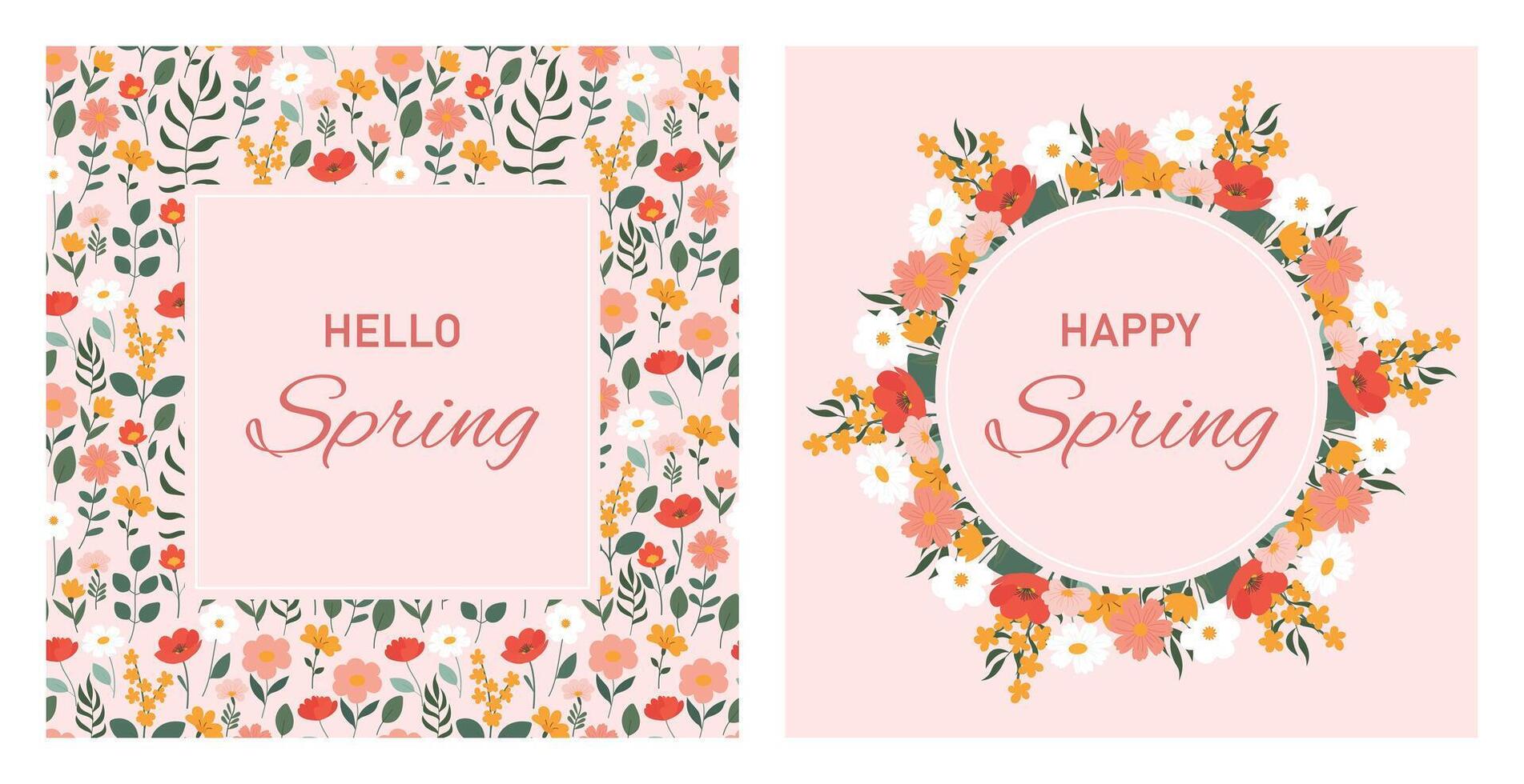 Spring Floral Greeting Cards set. Cute abstract wildflowers. Round Botanical frame and seamless pattern. Template to design holiday greeting card, invitation, flyer, banner, poster. illustration vector