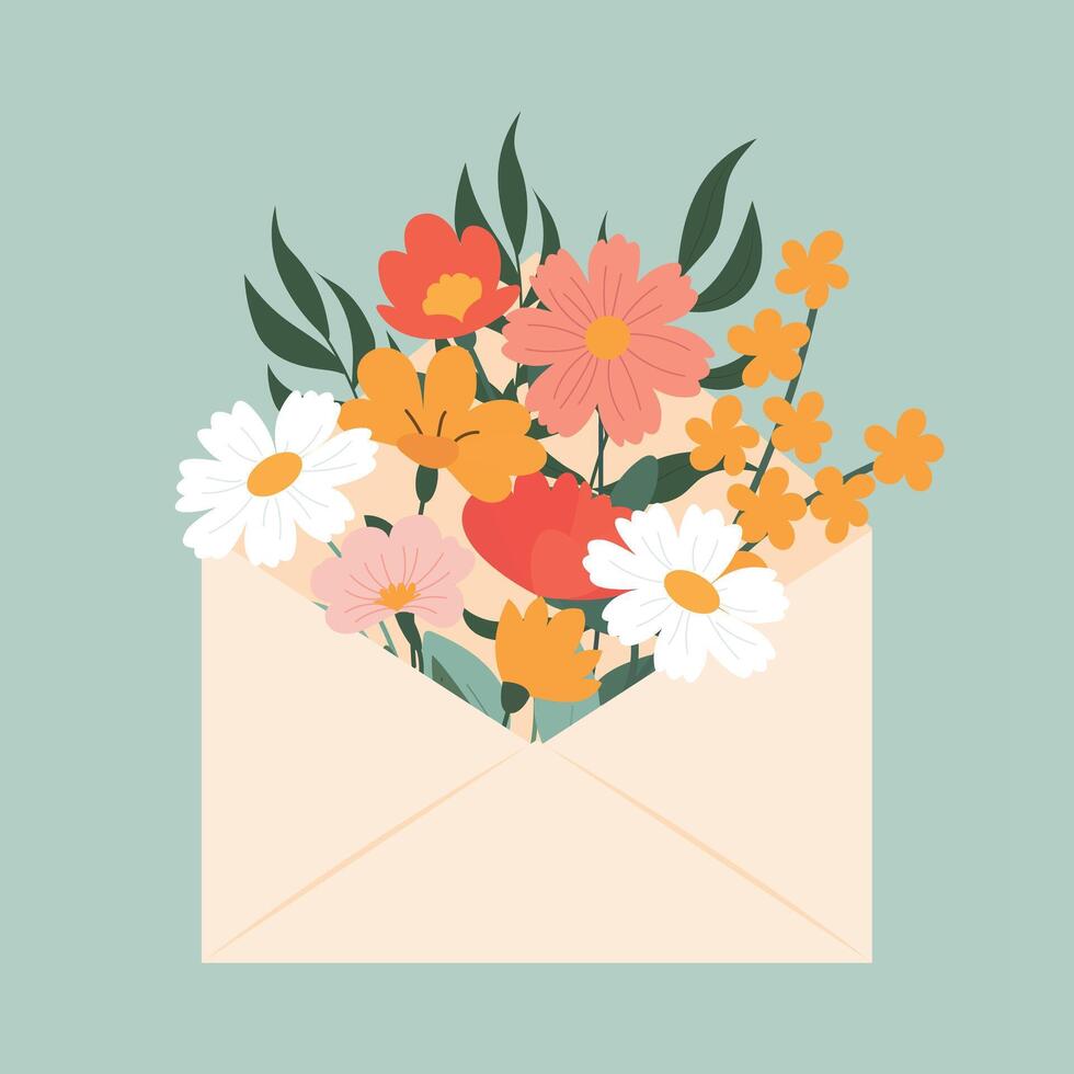 Cute flowers in an envelope. Floral mail. Bouquet of spring flowers inside the envelope and other decor elements. Flat design. illustration vector