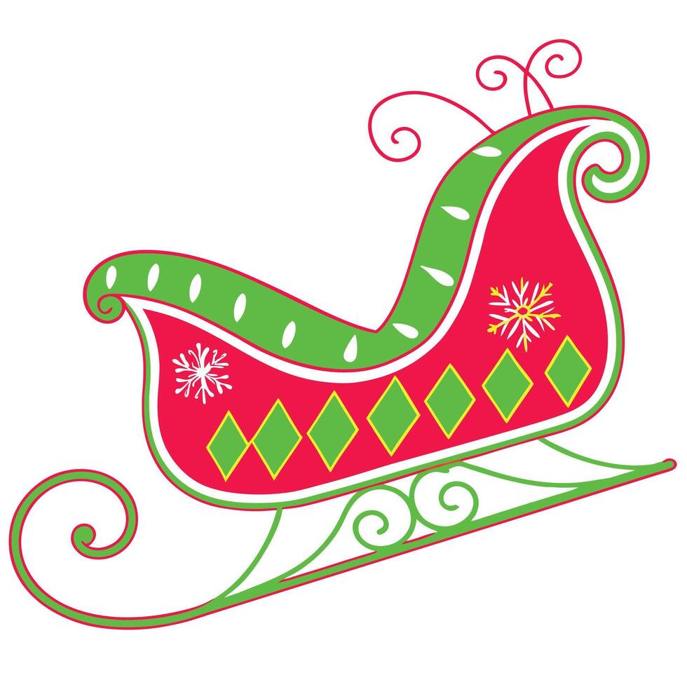 A red and green Christmas sleigh with a snowflake design and decorative swirls. The sleigh is outlined in black and has a white background. vector