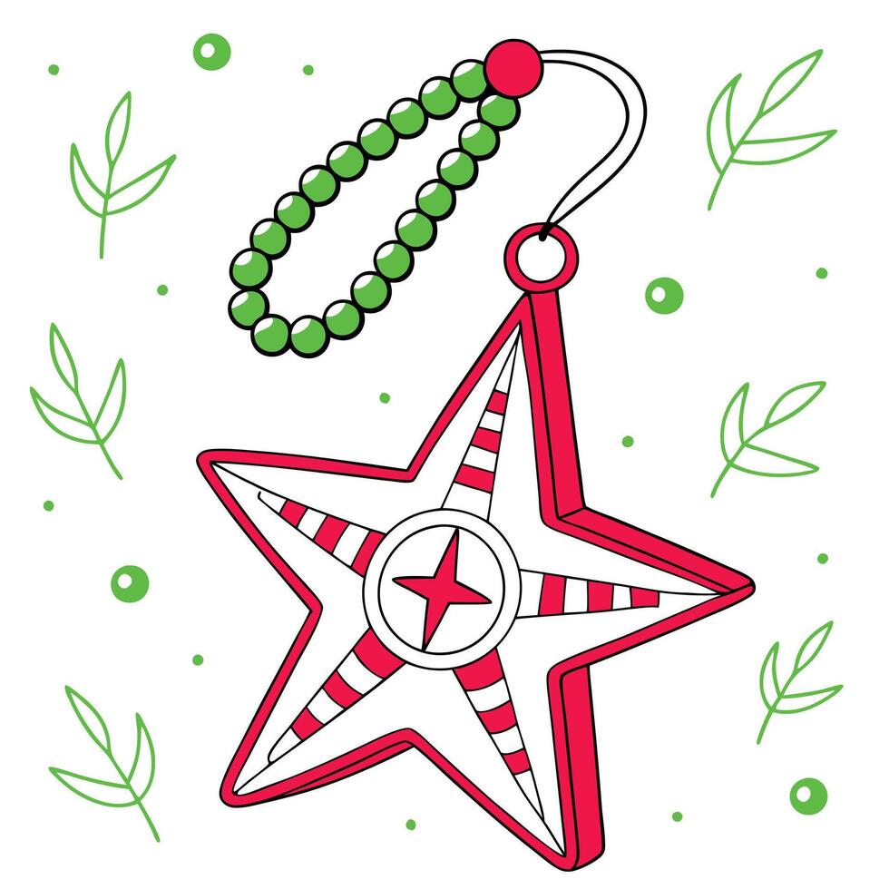 A red fivepointed star ornament with white stripes and a smaller red star in the center, hanging from a green bead garland. Small green leaves and dots are scattered around the ornament. vector