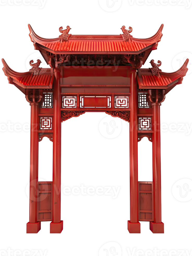 A chinese archway with red roof and pillars png
