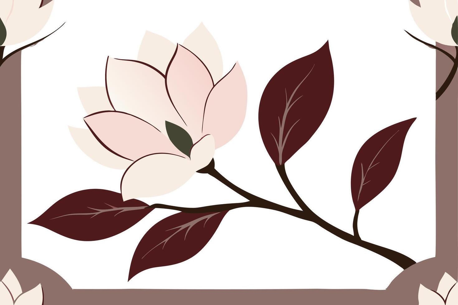 A single pink magnolia flower with five petals, a brown stem, and three brown leaves, all against a white background. vector