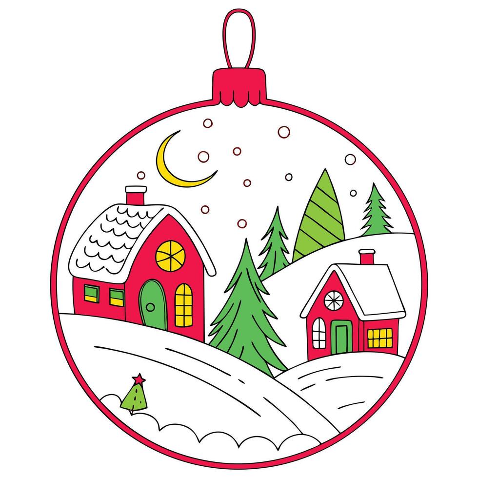 Christmas Ornament with Snowy Village and Crescent Moon vector