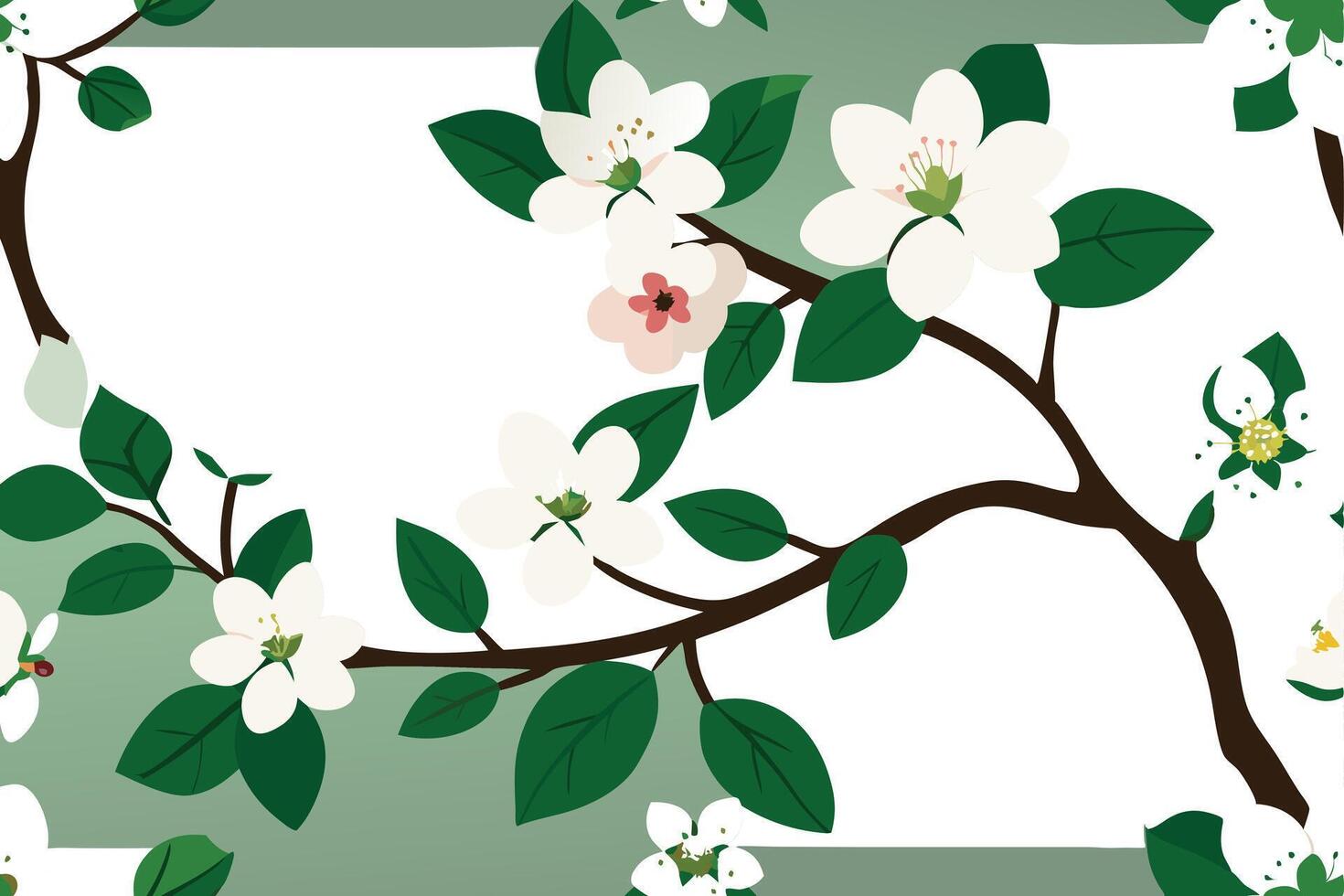 A branch with white blossoms and green leaves is depicted against a white background, creating a simple yet elegant floral design. vector