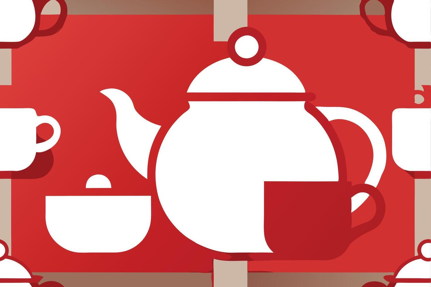 Tea and coffee cups and teapot on a red background vector