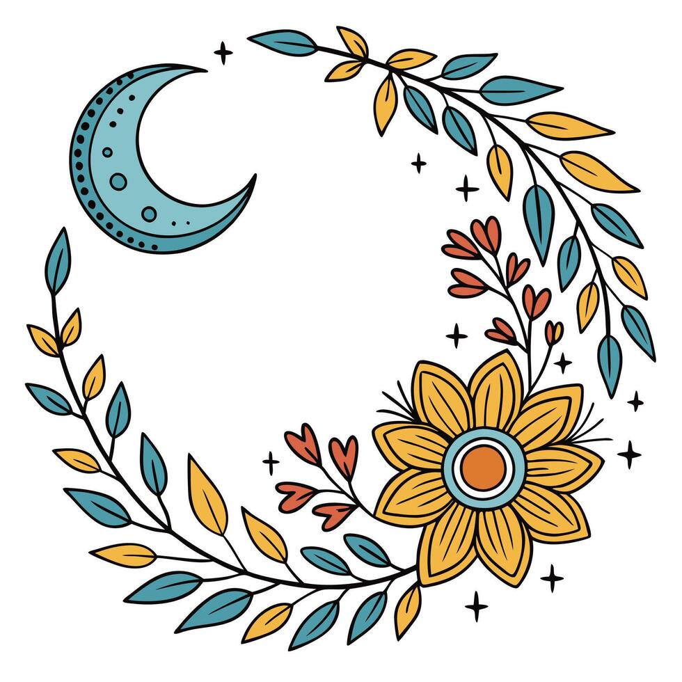 Blue Moon with Mandala in Floral Frame vector