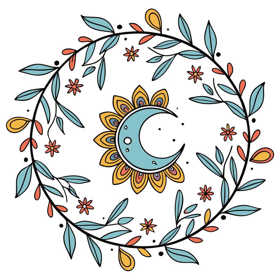 Mandala Floral Frame with Blue Moon vector