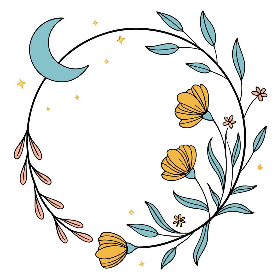 Boho Floral Frame with Moon to the Left vector