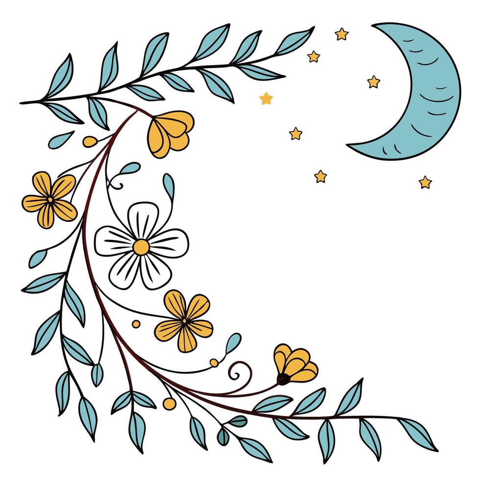 Floral Boho Frame with Blue Moon Right vector
