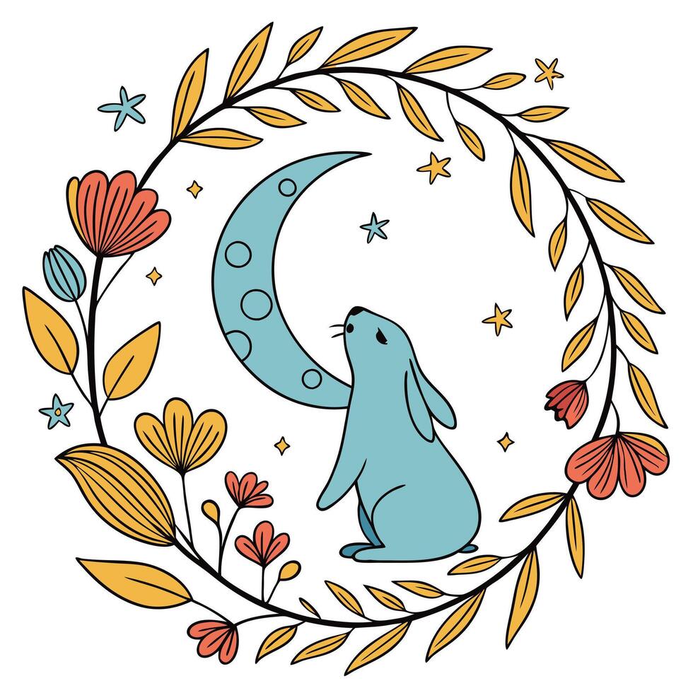 Floral Wreath with Blue Moon Centered vector