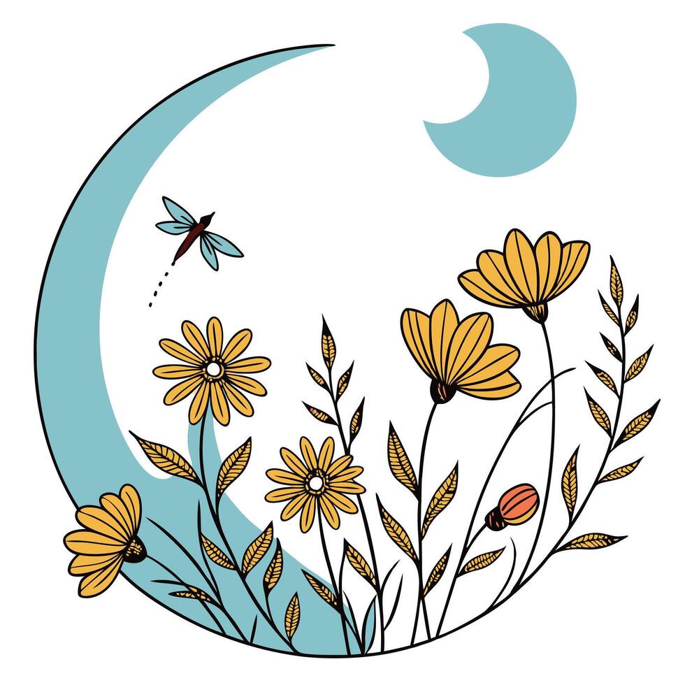 Boho Round Frame with Blue Moon vector