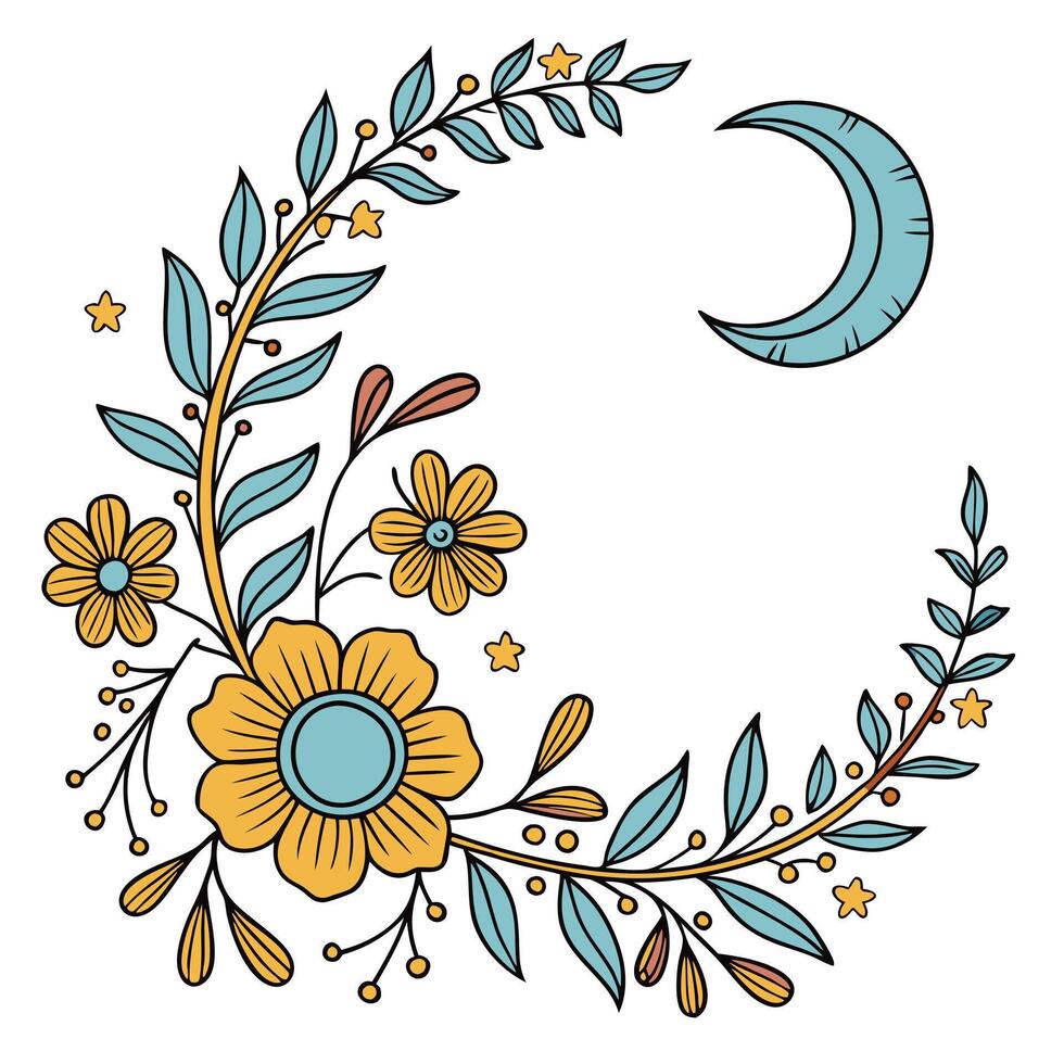 Floral Frame with Blue Moon and Mandala vector