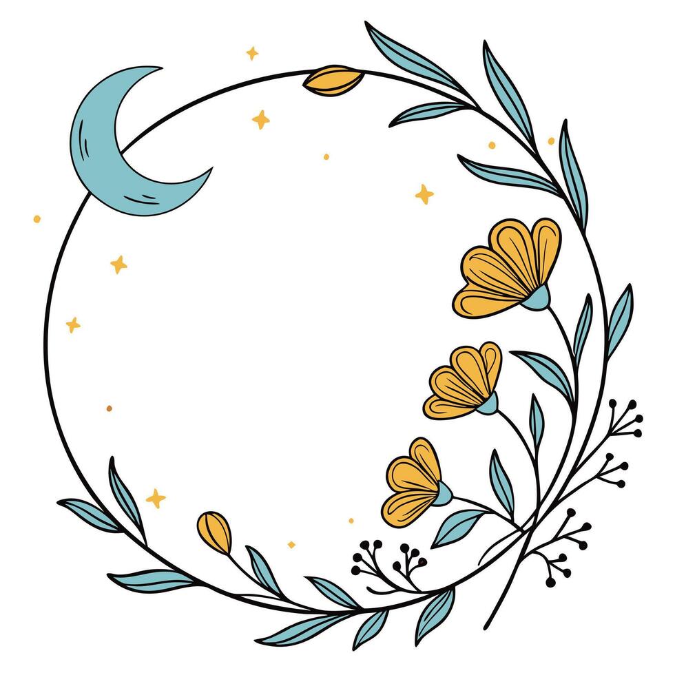Boho Floral Frame with Moon on Left vector