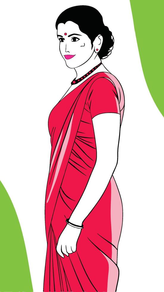 An illustration of a woman wearing a red saree with a black outline, a bindi on her forehead, jewelry, and a small star earring. vector