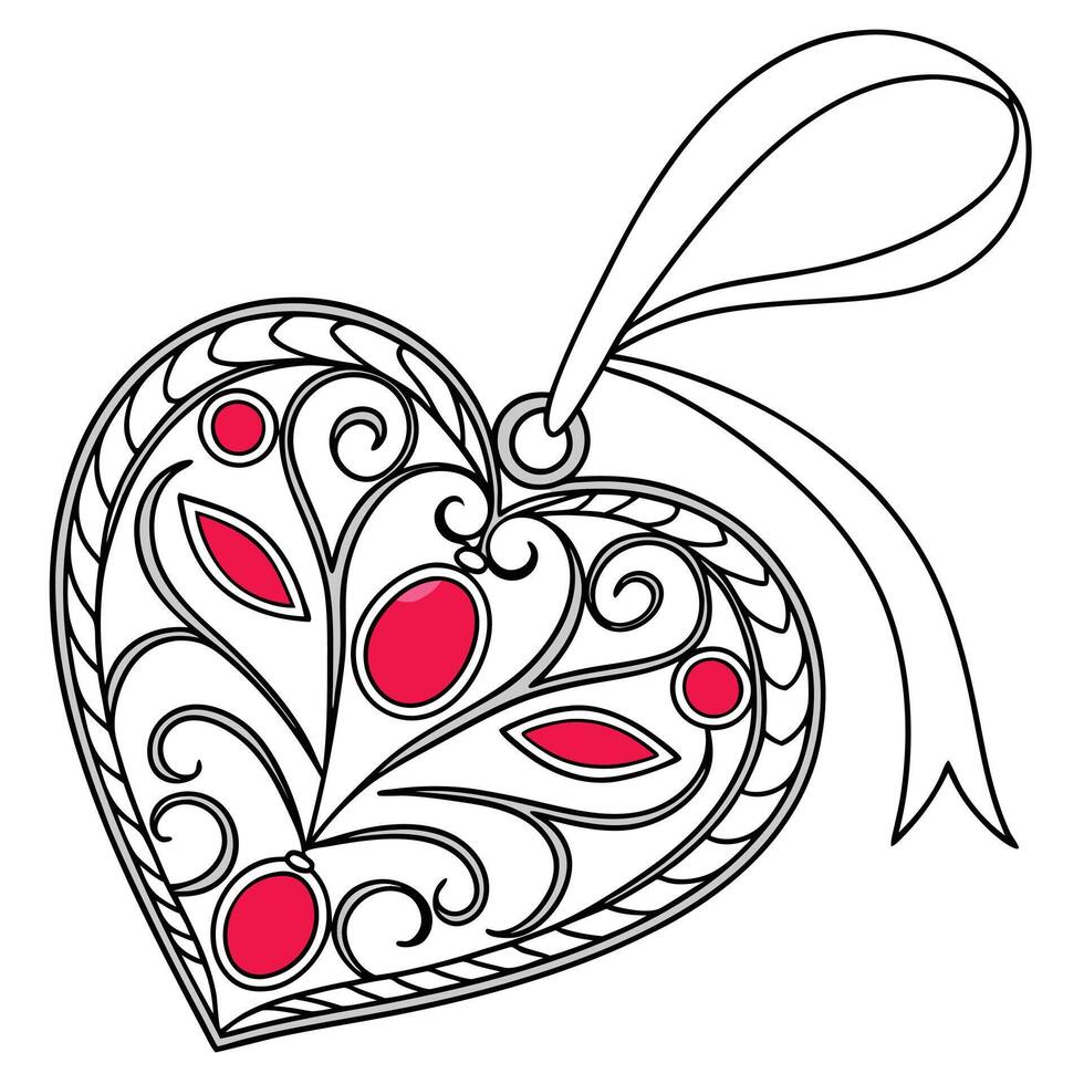 Ornate Heart Pendant With Red Gemstones vector