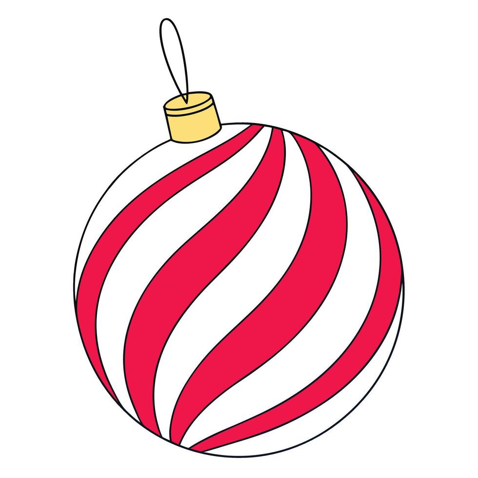 A cartoon illustration of a red and white striped Christmas ornament with a gold top. The ornament is round and has a swirl pattern. vector