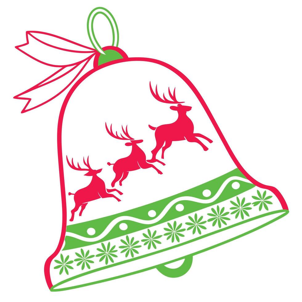 A white Christmas bell with a green and white patterned border, adorned with three red reindeer silhouettes. It has a red ribbon tied around the top. vector