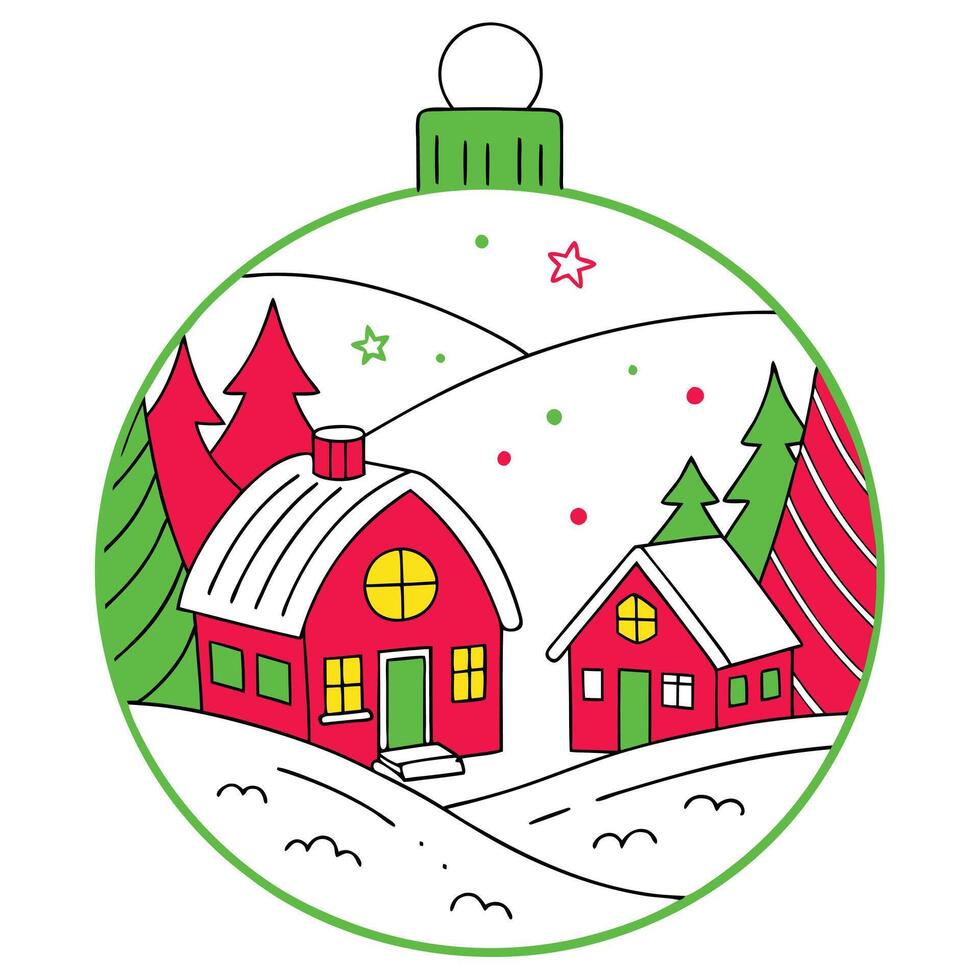 A stylized Christmas ornament depicts a snowy winter village with two red houses, evergreen trees, and a white snowy background with stars and dots. vector