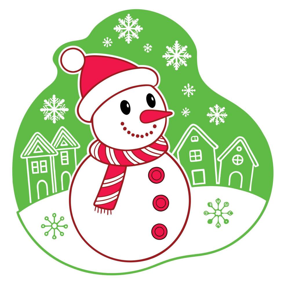 A cheerful snowman with a red hat and scarf stands in a snowy landscape with simple houses and snowflakes, all on a green background. vector