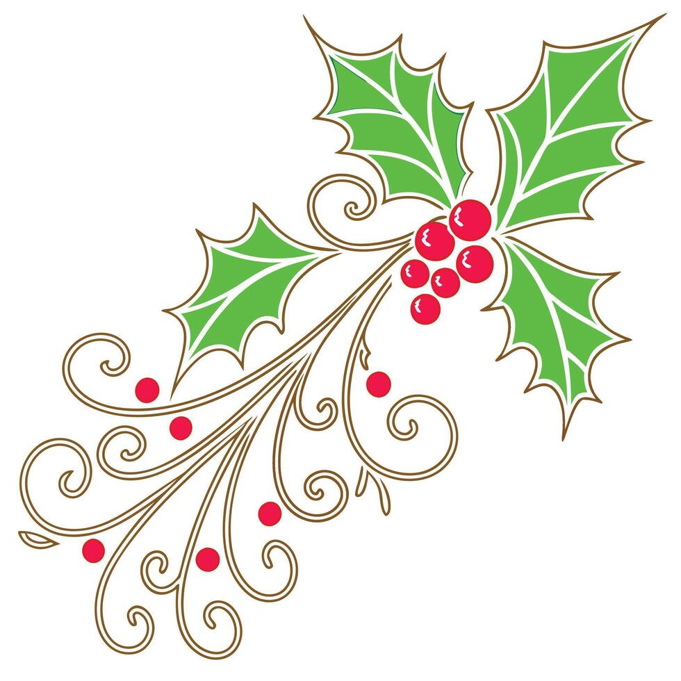 A stylized illustration of a holly branch with green leaves, red berries, and intricate gold curls extending down and to the left. vector