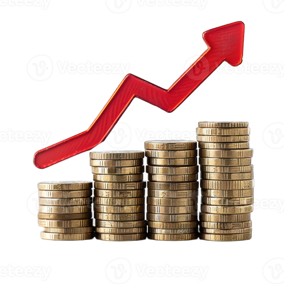 A red arrow is pointing up on a stack of coins png