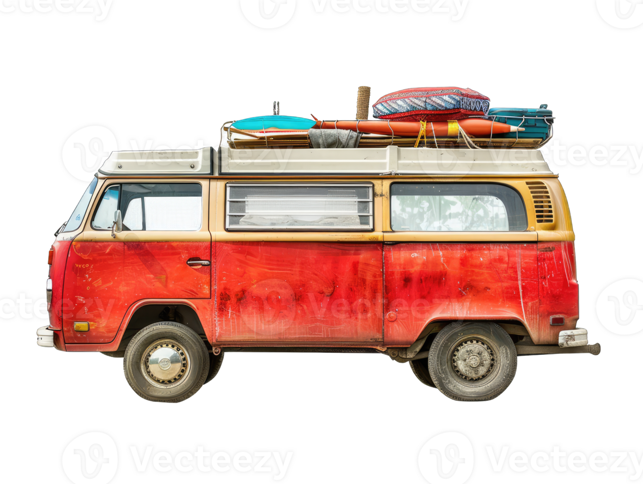 An old van with surfboards and other items on top png