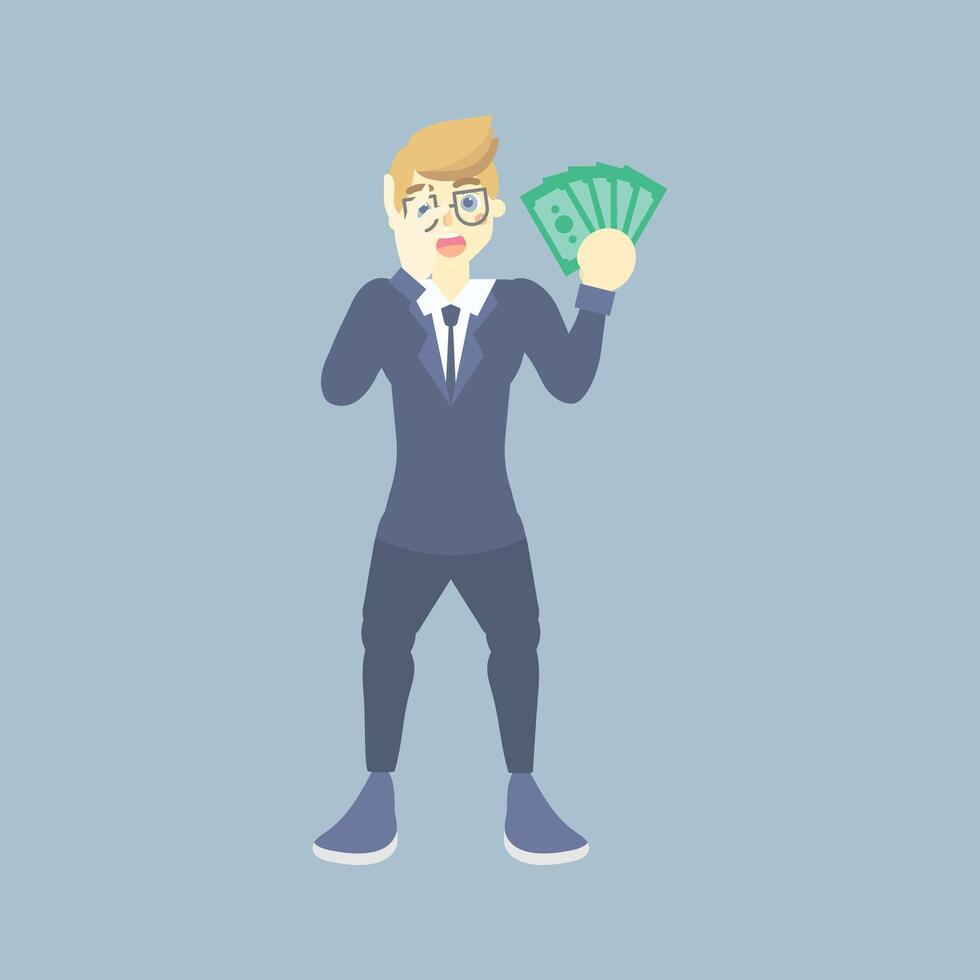 Surprised businessman, office worker showing money in his hand, successful concept vector