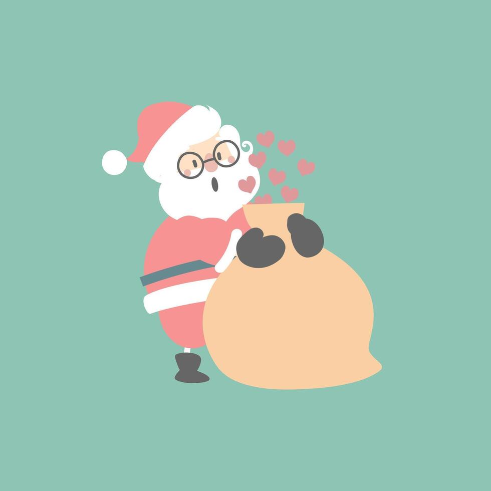 merry christmas and happy new year with cute santa claus and bag of heart vector