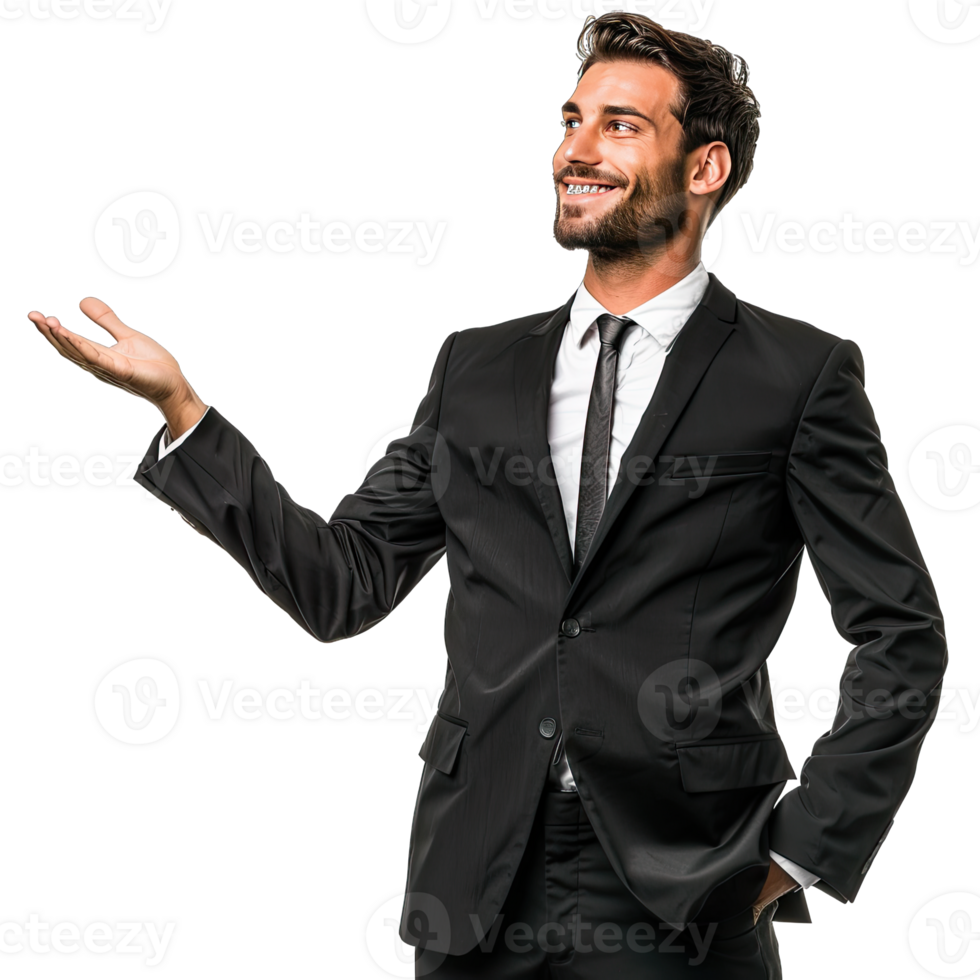 A man in a suit is gesturing with his hands png