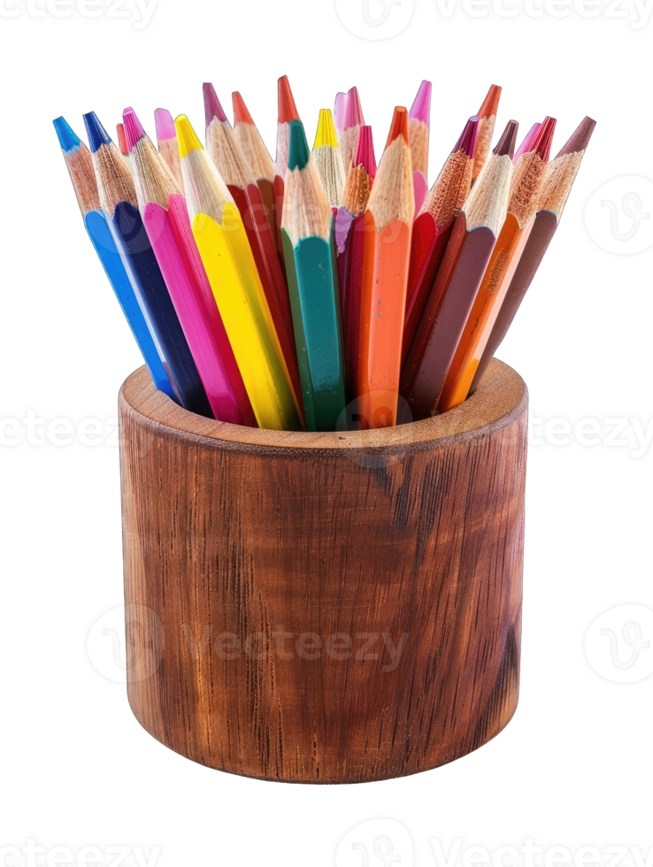 Color pencils in a wooden bowl png