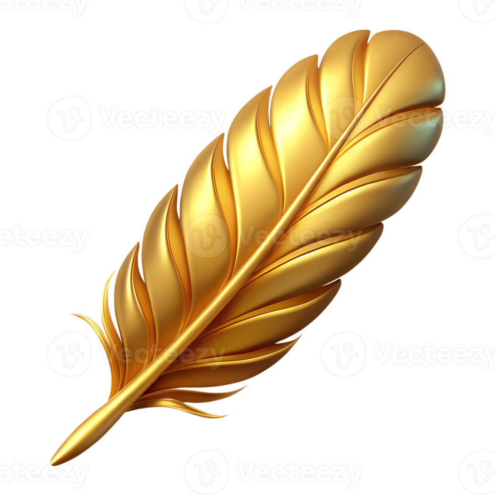 Golden feather 3d illustration isolated on the transparent background png