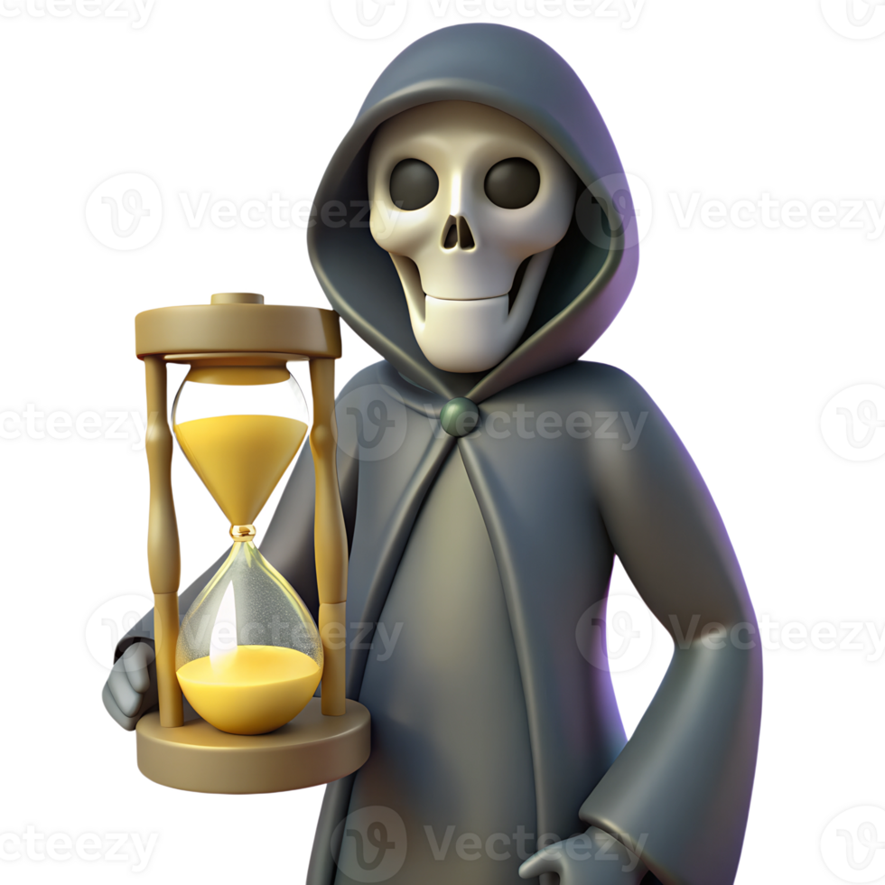 Time guardian grim reaper holding hourglass symbolizing the inevitable end of life 3d illustration isolated png
