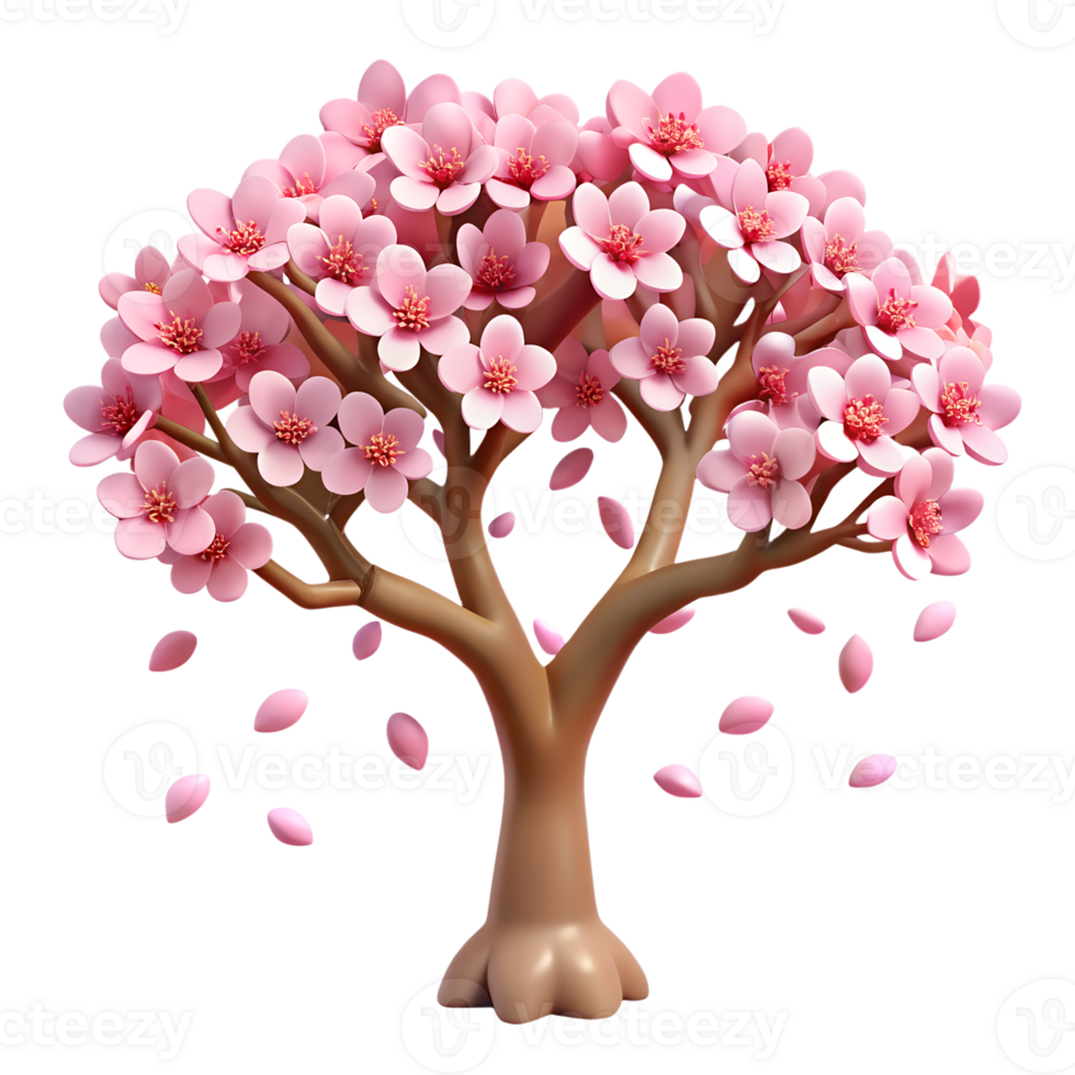 Blooming pink sakura tree 3d illustration isolated on the transparent background png