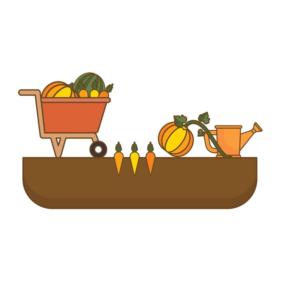 Minimalist farm illustration, wooden watering can, pumpkin and carrot. isolated on white background cartoon style vector