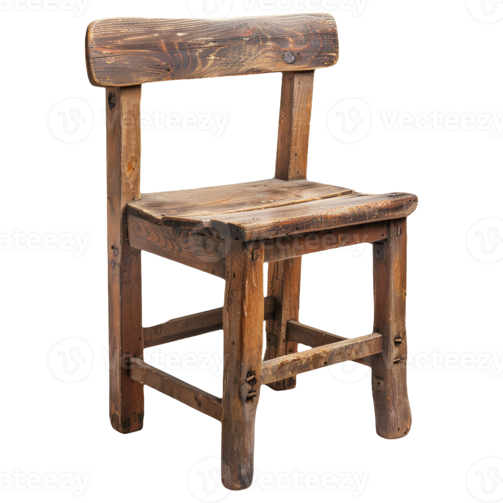 Old Rustic Wooden Weathered Chair Standing On Isolated Background png