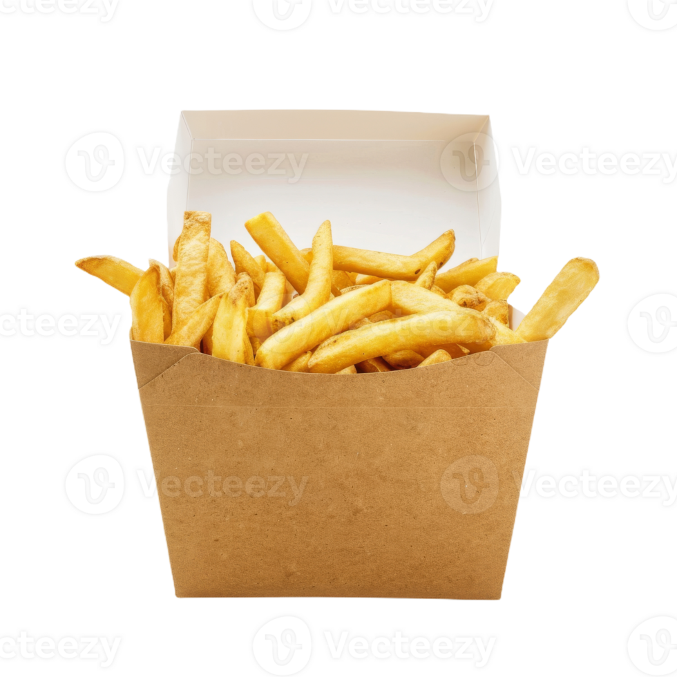 Delicious Hot French Fries in Box. Takeout Cardboard Box with French Fries on Isolated Background png