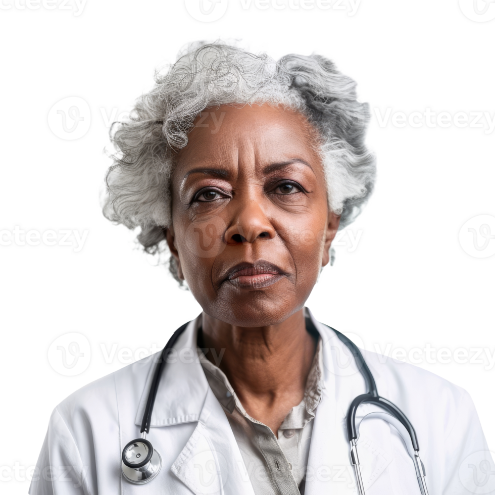 Elderly African Female Doctor with Stethoscope Isolated on Transparent Background png