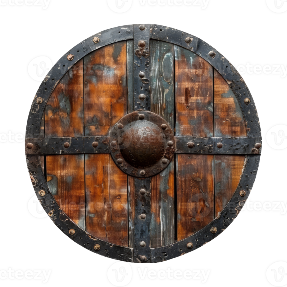 Medieval Wooden Circle Shield With Metal Accents On Isolated Background png