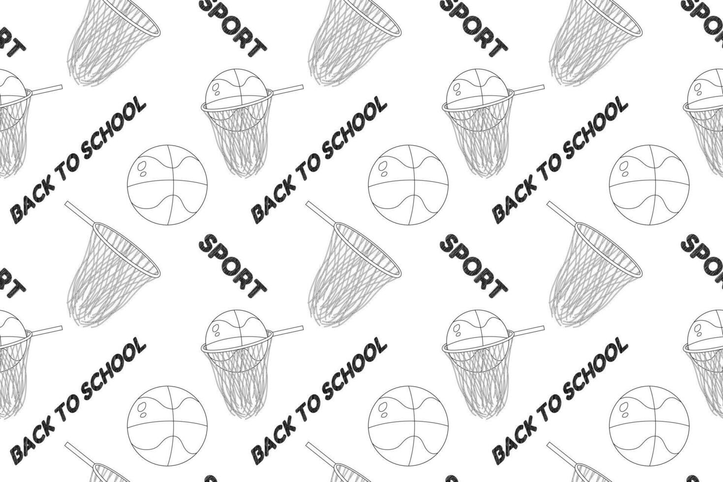 Seamless black and white pattern with basketball elements and back-to-school text. Perfect for kids coloring and school projects. vector