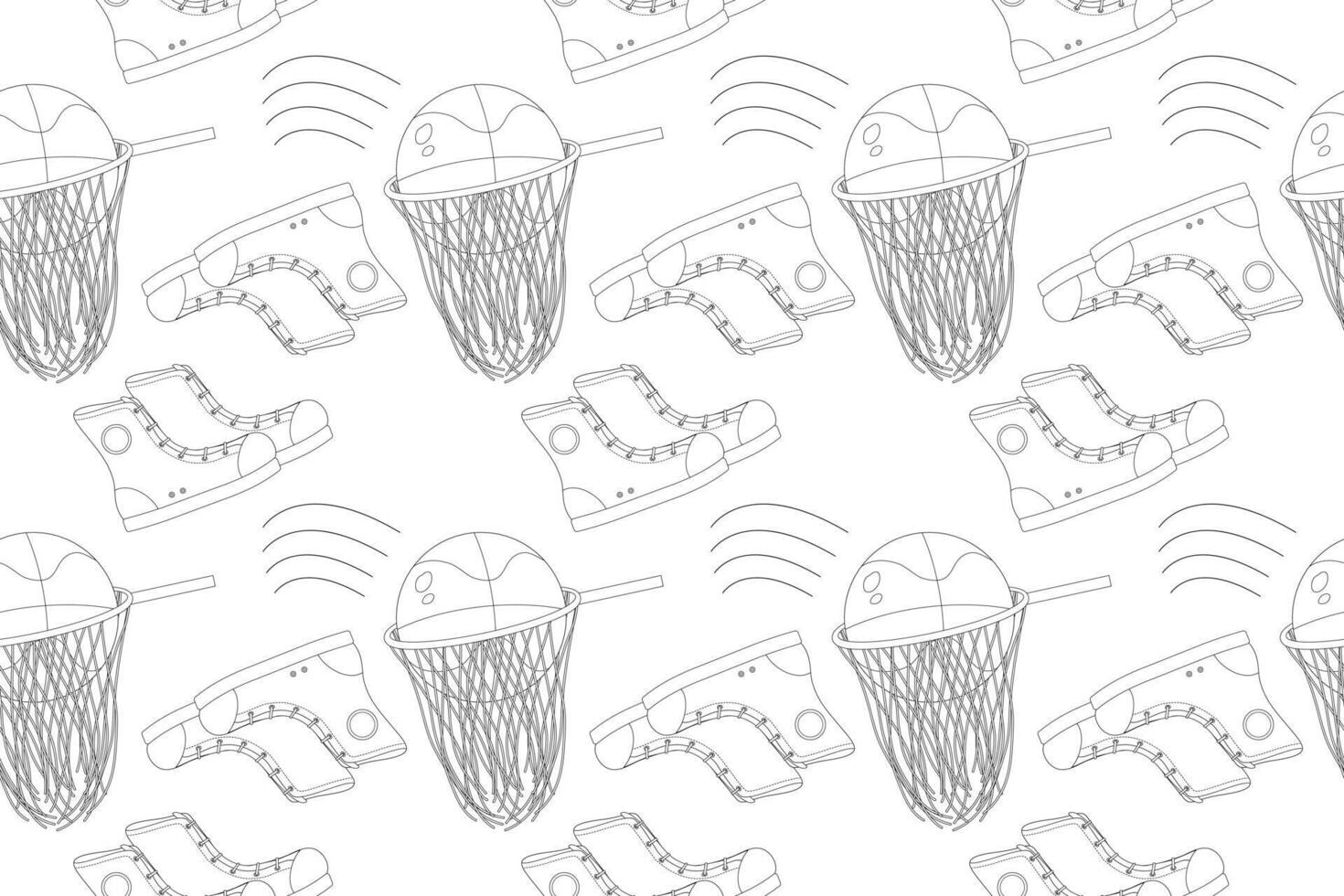 Seamless black and white pattern with basketball elements and back-to-school text. Perfect for kids coloring and school projects. vector