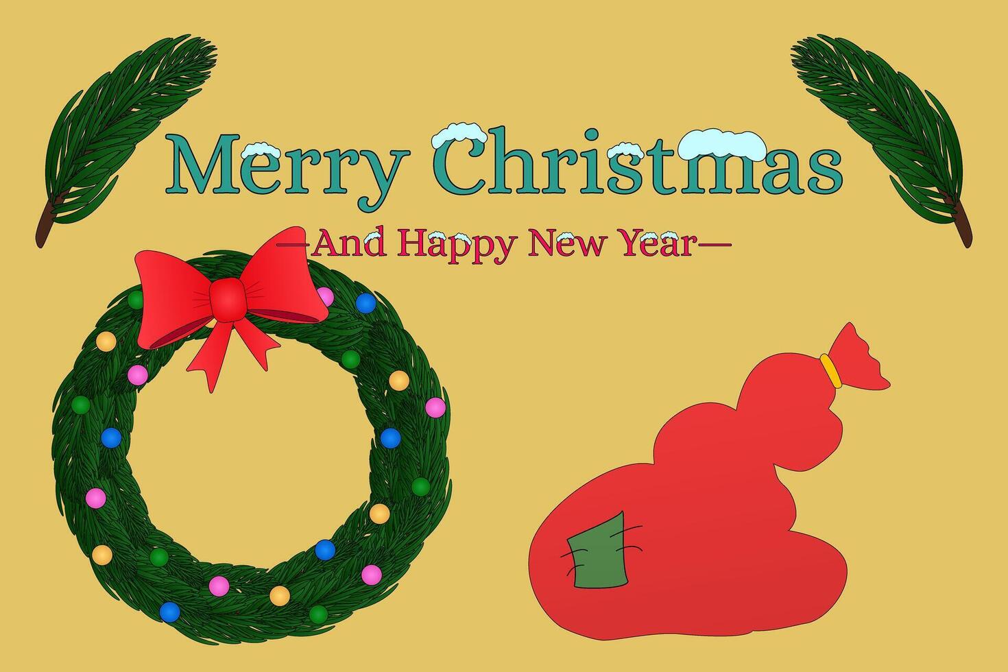 Festive Christmas greeting with a wreath, red gift bag, and holiday decorations on a dark background. Perfect for holiday cards and decor. vector