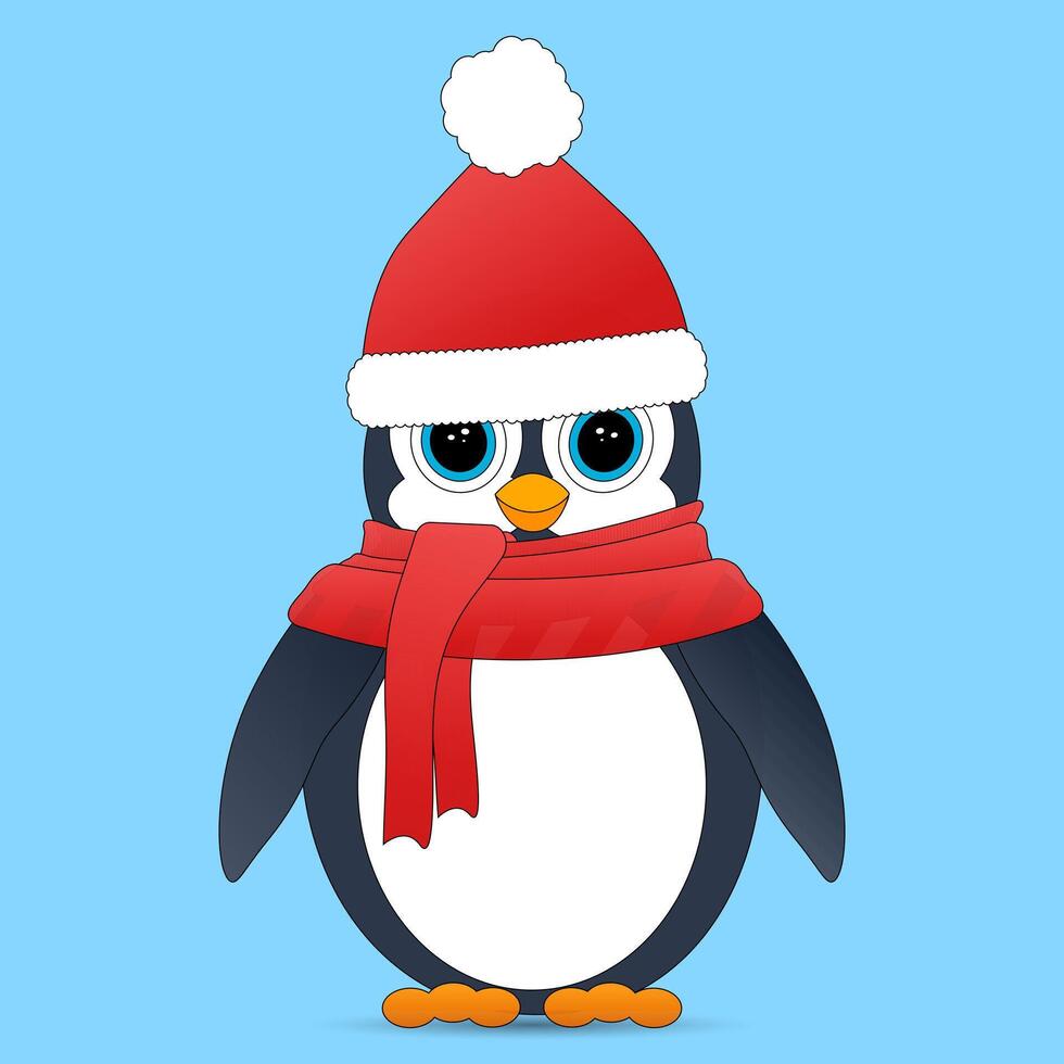 Adorable penguin illustration with a Santa hat and scarf, perfect for Christmas and New Year-themed designs and holiday decorations. vector